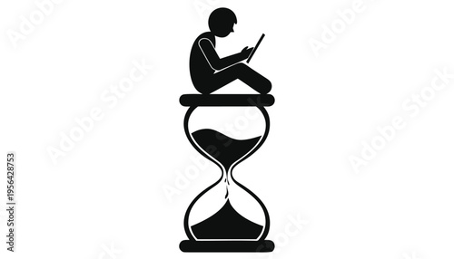 A cartoon vector illustration depicts a business person or woman silhouette standing near a symbolic hourglass icon for music