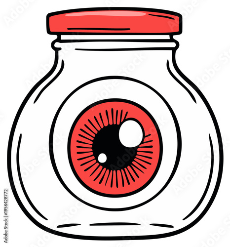 Red Eyeball in Jar Cartoon Illustration Novelty Halloween Spooky Ghoulish Creepy Illustration