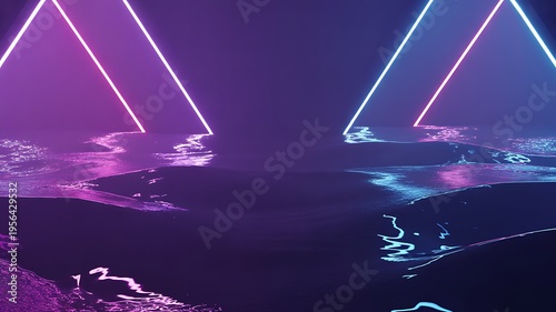 Abstract digital landscape featuring glowing triangular neon lights reflected on a dark water surface