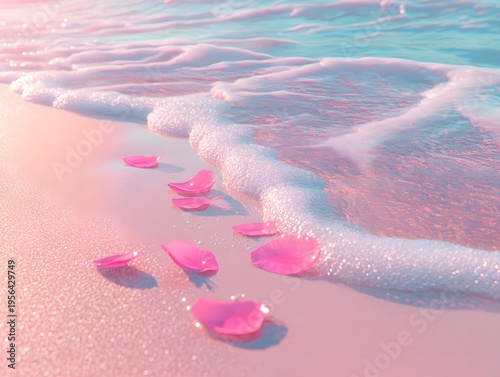 Pink rose petals floating on wet sand as gentle waves wash ashore pastel colors serene atmosphere