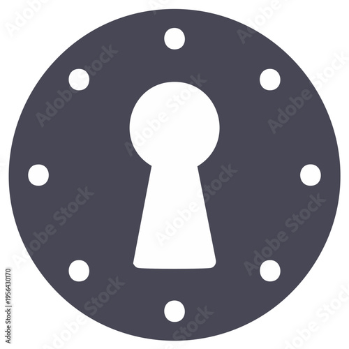 Stylized dark gray keyhole with circular rim and white dots, safety, access and security graphic element