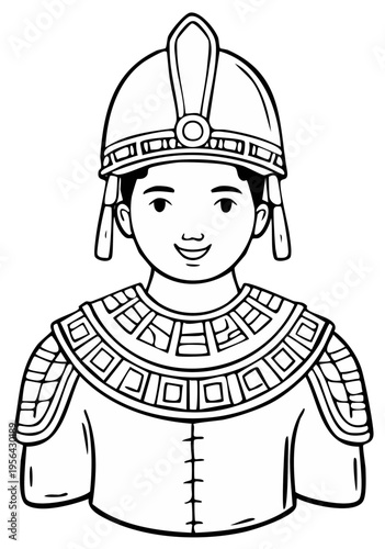 A child in ancient warrior costume smiles in a black and white outline illustration, traditional warrior garb.