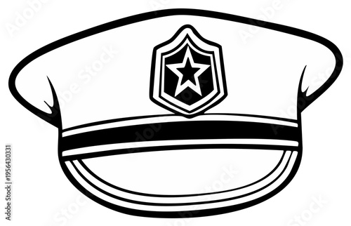 Black and white illustration of a police cap with star emblem, isolated