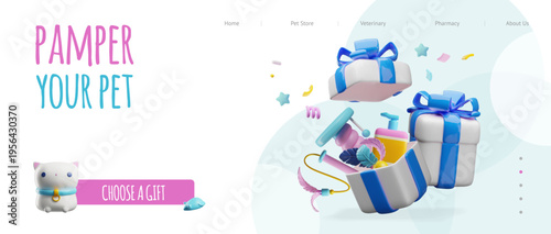 3D open gift box with pets toys and accessories, festive surprise grooming stuff, Pamper your pet vector landing page