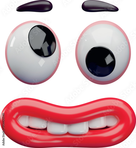 3D cartoon funny joke face with eyes look in different directions, comic tease eyes, mouth and eyebrows face elements