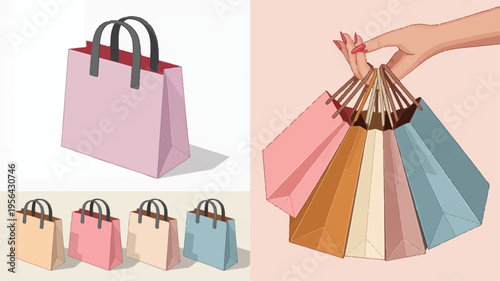 Shopping Bag Collection: A collection of elegantly designed shopping bags in various pastel hues, perfect for showcasing fashion, retail, and shopping concepts.
