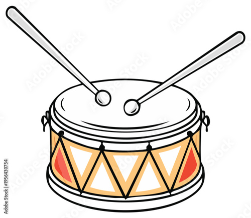 Cartoon snare drum with drumsticks ready to play music