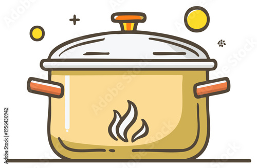 Yellow cooking pot with handles and lid on stove with stylized flames and steam icons