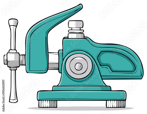 Teal Bench Vise Illustration with Chrome Accents Metalwork Tool Device Hand Operated Grip Equipment