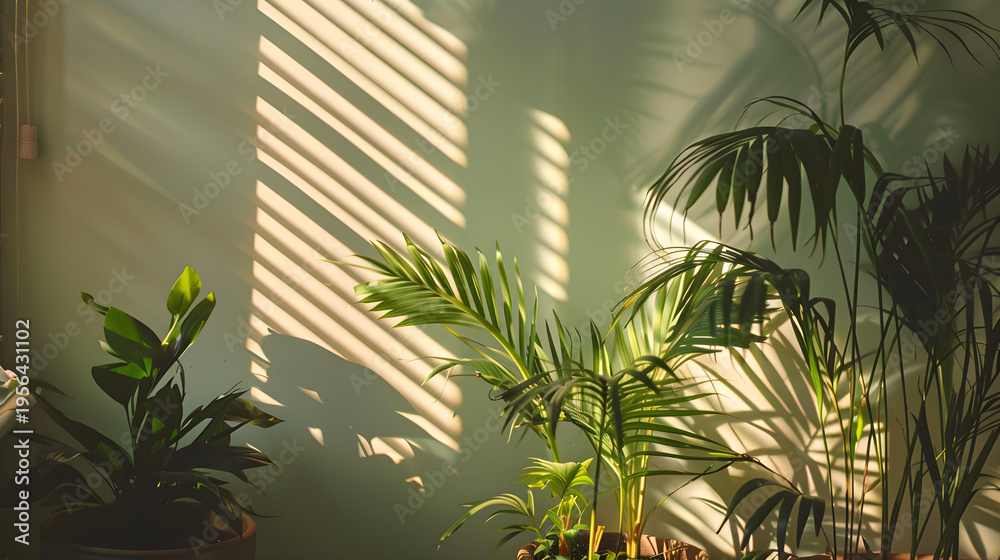 Fototapeta premium Green Houseplants with Sunlight Shadows on Wall for Cozy Home Decor Background.