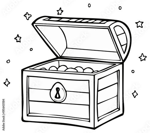 Open Treasure Chest Illustration with Coins and Stars for Coloring and Creative Activities