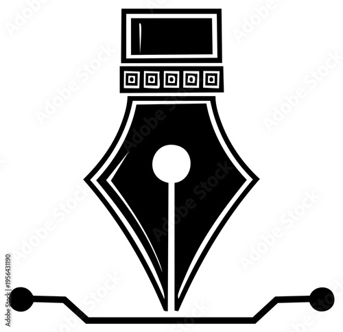 Black and white illustration of an ink pen with a nib and a drawn line.