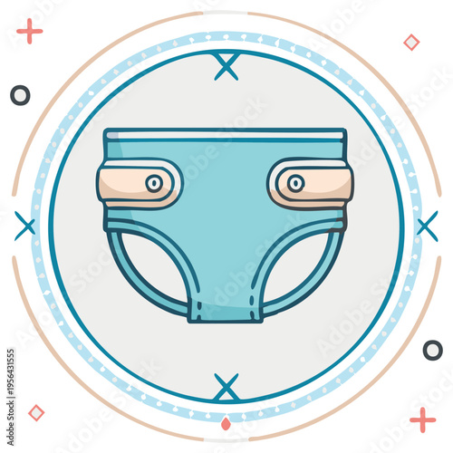 Cute illustrated baby diaper with fastening tabs and decorative circular border