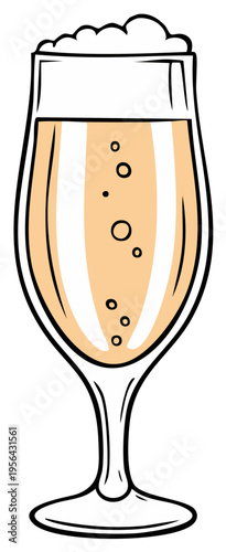Tall glass of fizzy champagne or sparkling wine with foam and bubbles