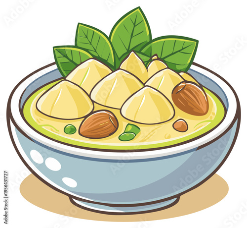 Dumpling soup bowl with almond nuts cartoon illustration food concept