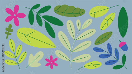 Botanical Illustrations: An artistic display of floral elements with simple, modern, and stylized designs. A delightful illustration of botanicals, showcasing a variety of vibrant and colorful leaves.