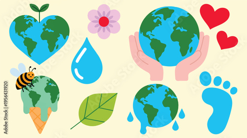 Earth Day Elements: An array of charming, illustrated elements celebrating Earth Day, showcasing the interconnectedness of our planet and promoting environmental awareness.