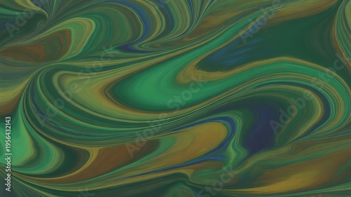 Abstract digital artwork featuring fluid swirls of emerald green gold and deep navy blue tones