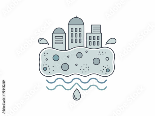 Cityscape with pollution and raindrops falling on contaminated water surface