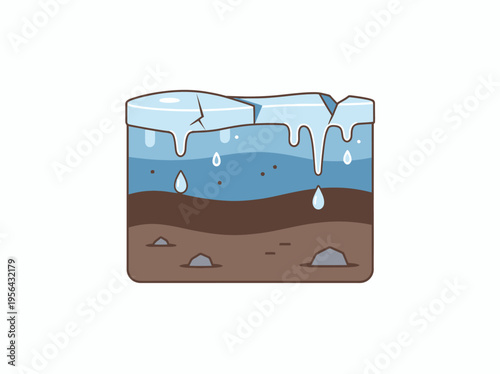 Melting ice drips onto brown ground with rocks from a frozen blue layer.