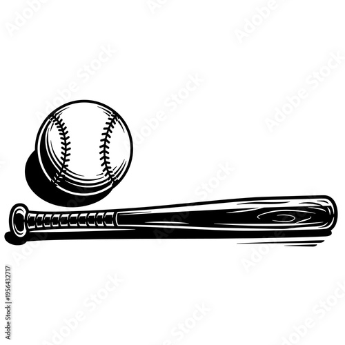 Vector Baseball Bat and Ball Silhouette Isolated on White Background
