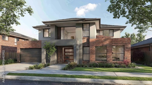 Modern two story residential dwelling featuring mixed material facade in suburban setting