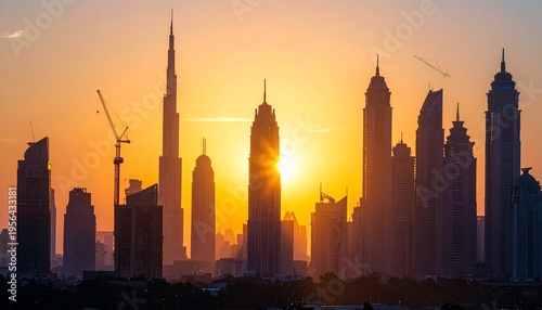 Sunset over modern city skyline with skyscrapers.