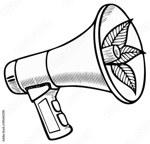 Hand Drawn Megaphone with Foliage Symbolizes Environmental Advocacy and Green Communication
