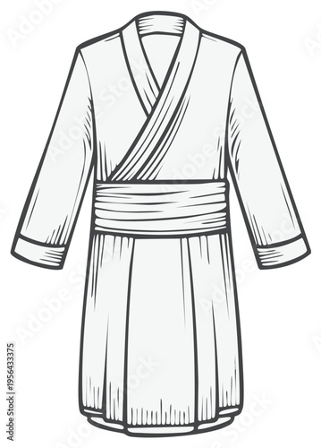 Traditional Asian Robe with Sash Belt Black and White Line Art Illustration