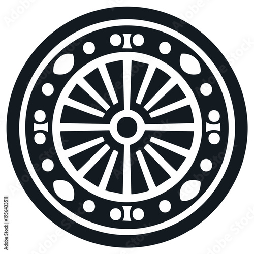 Circular ornamental motif with radiating spokes and decorative border elements