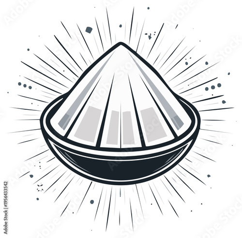 Traditional conical Asian hat with radiating sunburst lines graphic illustration