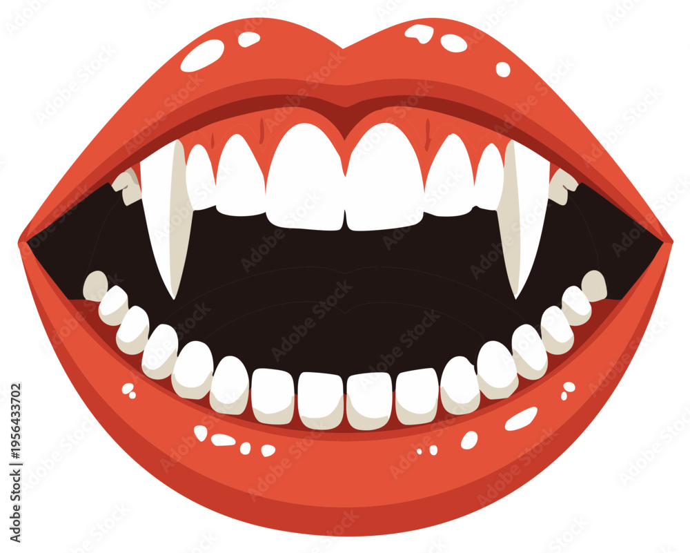 Naklejka premium Open Vampire Mouth With Red Lips and Sharp Fangs Showing