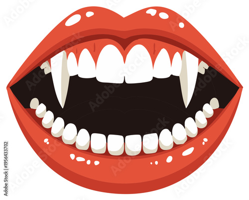 Open Vampire Mouth With Red Lips and Sharp Fangs Showing