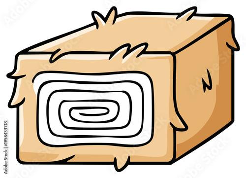 Rectangular cartoon hay bale with spiral center and rough edges for farming illustration