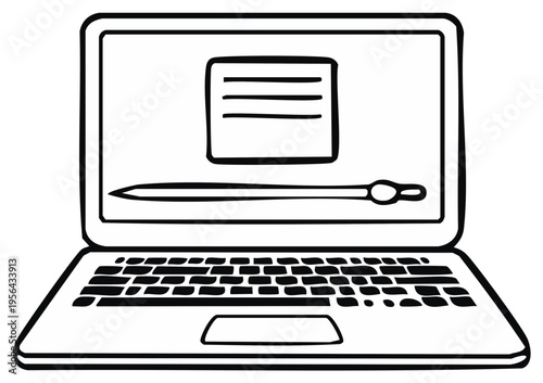 Laptop Computer with Screen Displaying Note and Stylus