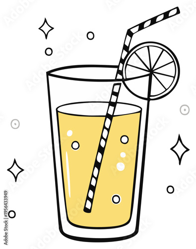 Refreshing Yellow Citrus Drink with Straw and Garnish Sparkling Illustration
