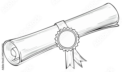 Line Art of Rolled Document with Ribbon and Seal: A Symbol of Achievement, Success, and Formal Recognition of Accomplishments