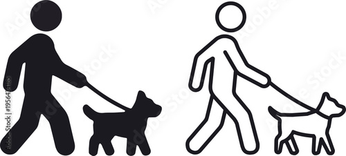 Stick Man Walking Dog Icon Set Line and Filled Style Human Pet Pictogram Vector