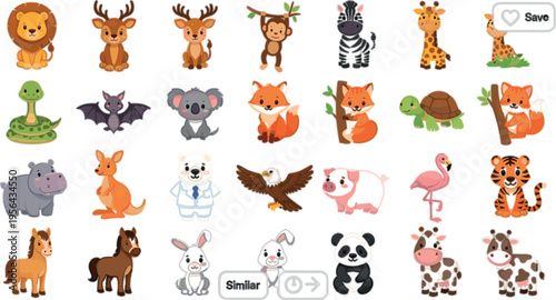 Cute wild and farm animals set with lion deer monkey zebra fox panda cow and more cartoon characters vector illustration