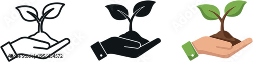 Plant growing in hand icons set with outline solid and colored styles eco sustainability concept vector illustration