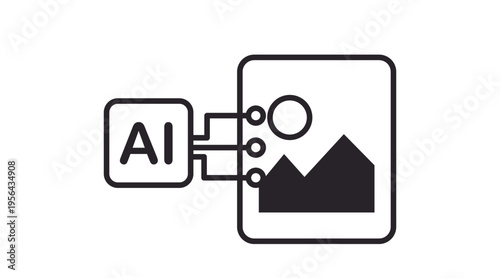 Black line icon of an image placeholder with AI letters and circuit connections. Modern outline vector symbolizing artificial intelligence generating images, digital creativity, and automated visual c
