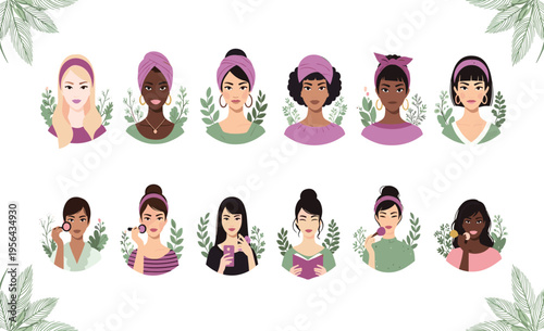 Beauty women avatars set with diverse female portraits makeup skincare lifestyle characters flat vector illustration collection