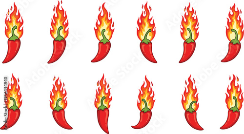 Red hot chili peppers with fire flames vector set for spicy food menu design, Mexican restaurant branding, heat level icons, and culinary promotion.
