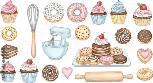 Vector Illustration Sweet Bakery Desserts and Baking Tools Collection