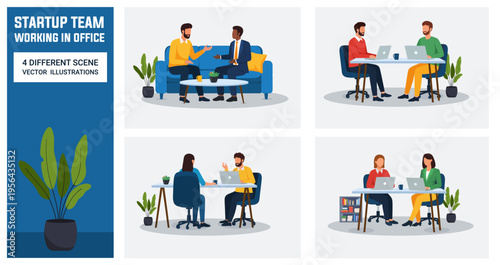 Startup Team Working in Office with Business Meetings, Coworking and Collaboration Scenes Flat Vector Illustration Set