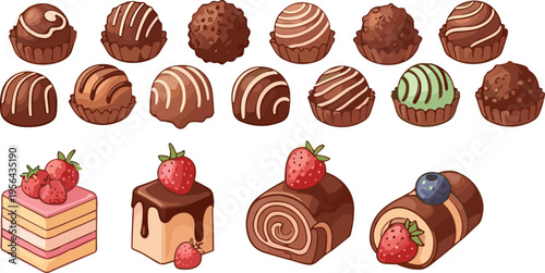 Chocolate truffles and cake desserts set with sweet confectionery candies bakery treats flat vector illustration collection