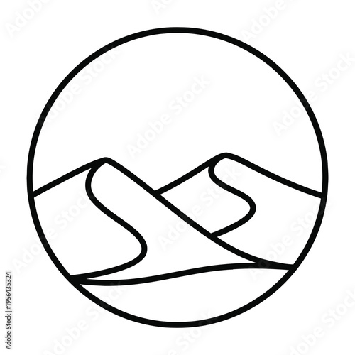 Minimalist mountain landscape logo with circular frame and simple black lines on white background