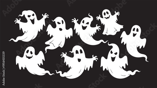 A playful collection of white ghost silhouettes on a dark background, featuring various expressive poses from friendly smiles to spooky scares.