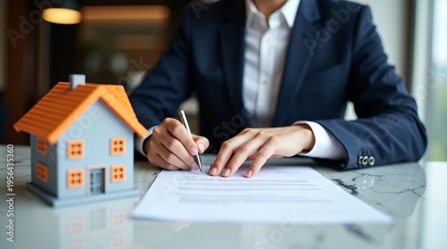A businessperson in a dark blue suit signs a document with a silver pen, while a colorful model house sits beside the paper on a polished marble table.
