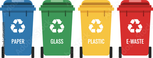 Set of colorful recycling bins for paper glass plastic and e-waste management isolated on white background for environmental ecology and waste sorting design